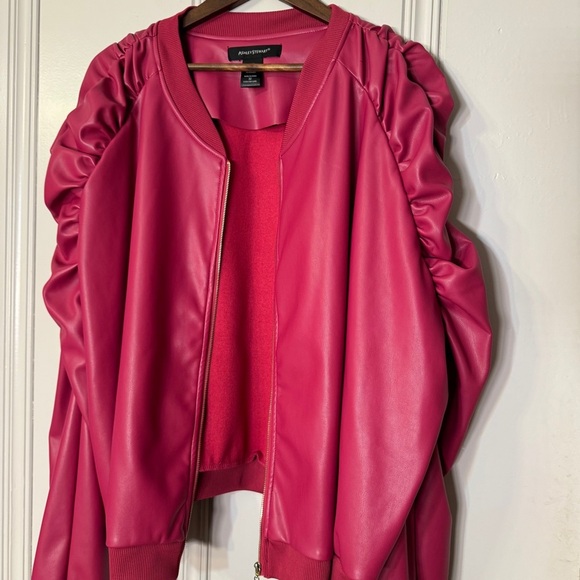 Ashley Stewart Plus Size Faux Leather Ruched Bomber Jacket Hot Pink Ruffle 32 5X - Picture 11 of 13